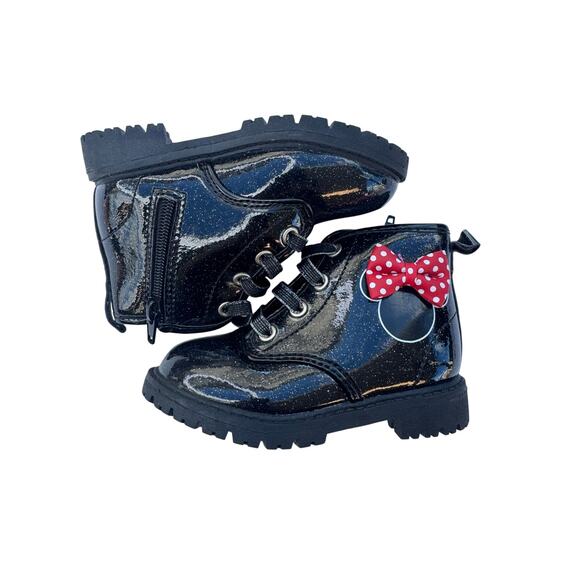 Disney Minnie Mouse Girls Combat Boots Black Patent Sparkle Size 7 - Picture 2 of 11
